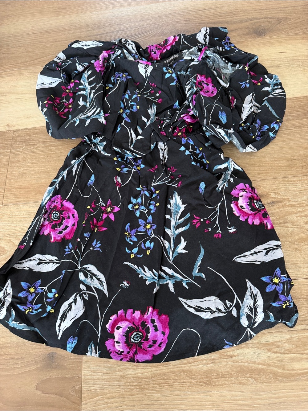 Express Black Off-Shoulder Mini Dress with Pink & Blue Floral Print